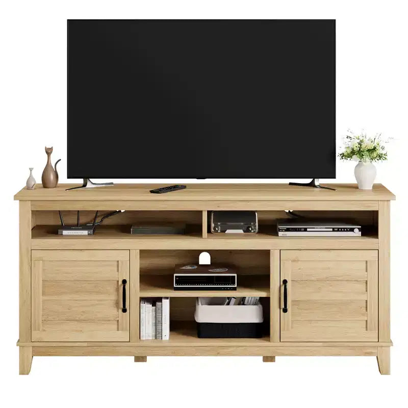 Mobile TV GustoWave da 160 cm, consolle multimediale rustica in stile coloniale con ripiani regolabili in altezza e ante a battente