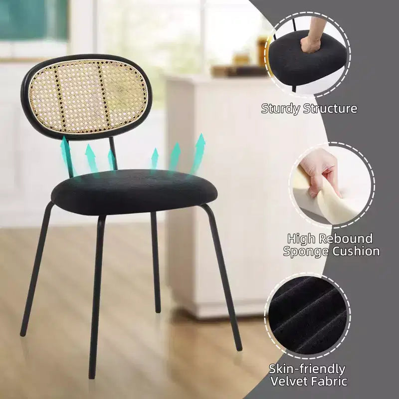 Set di 2 sedie da pranzo in velluto Mid-Century Modern, schienale in rattan e robuste gambe in metallo, seduta imbottita per cucina soggiorno
