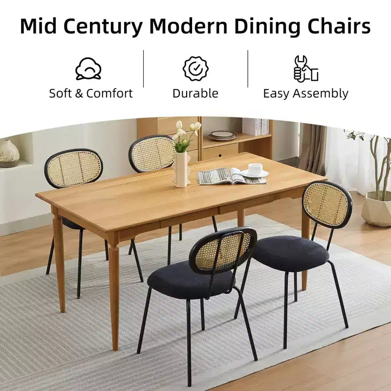 Set di 2 sedie da pranzo in velluto Mid-Century Modern, schienale in rattan e robuste gambe in metallo, seduta imbottita per cucina soggiorno