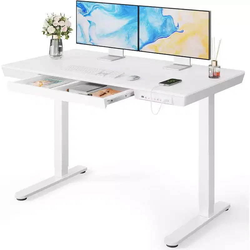 Marsail 48 x 24 inch Standing Desk with Drawer, Whole Piece Tabletop Electric Standing Desk, Height Adjustable Desk with USB Charging Ports