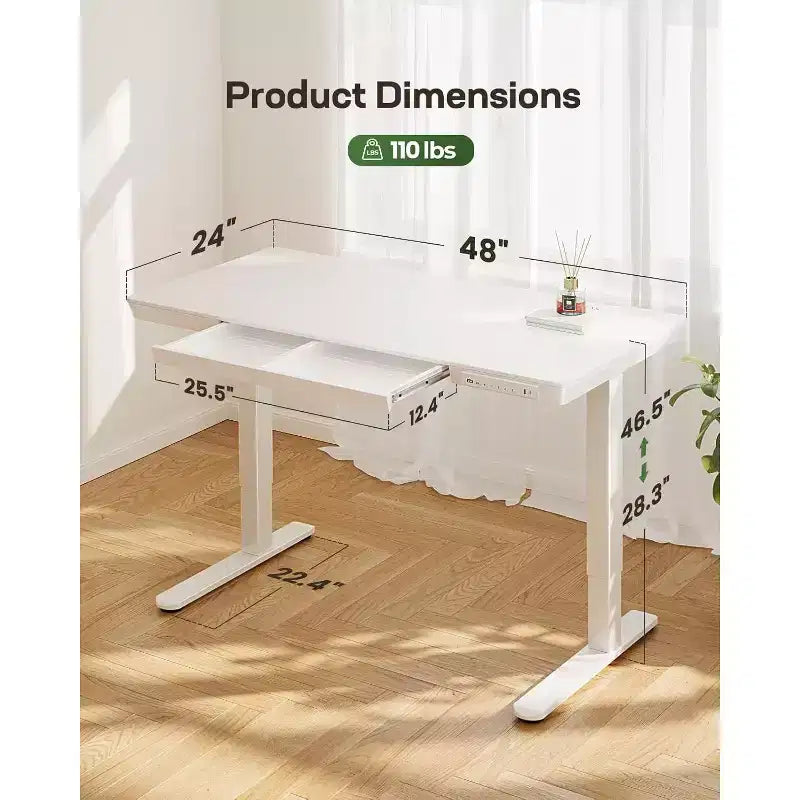 Marsail Scrivania regolabile in altezza 122 x 61 cm con cassetto, Scrivania elettrica con piano intero, con porte di ricarica USB