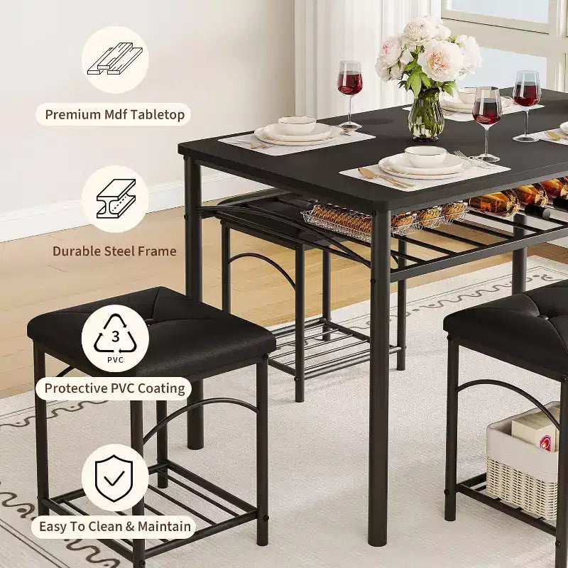 Set da pranzo per 4 persone, tavolo da cucina con panca imbottita e 2 sgabelli, con scaffale portaoggetti e struttura in metallo per piccoli spazi