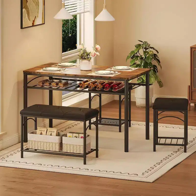 Set da pranzo per 4 persone, tavolo da cucina con panca imbottita e 2 sgabelli, con scaffale portaoggetti e struttura in metallo per piccoli spazi