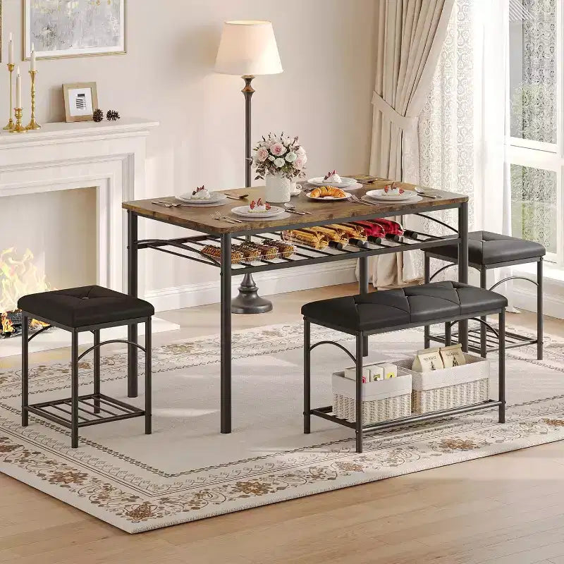 Set da pranzo per 4 persone, tavolo da cucina con panca imbottita e 2 sgabelli, con scaffale portaoggetti e struttura in metallo per piccoli spazi