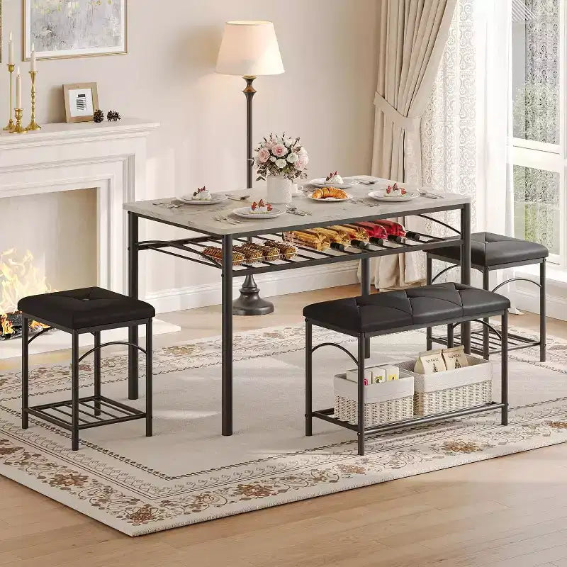 Set da pranzo per 4 persone, tavolo da cucina con panca imbottita e 2 sgabelli, con scaffale portaoggetti e struttura in metallo per piccoli spazi