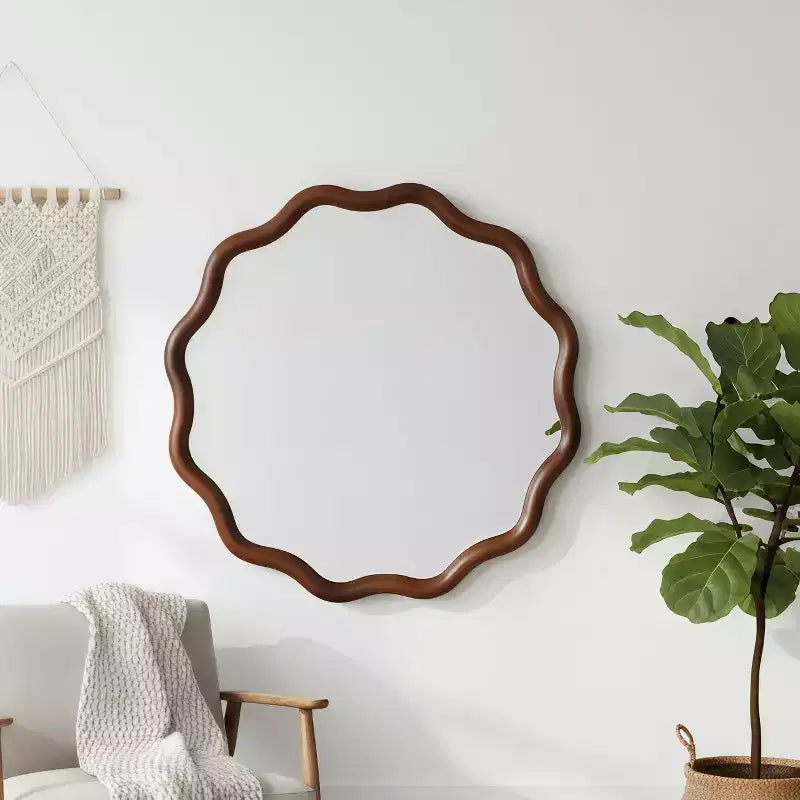 Specchio Decorativo Rotondo Ondulato da 24 Pollici con Cornice in Legno Massello, Per Camera da Letto, Bagno, Soggiorno, Ingresso