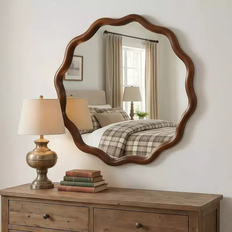 Specchio Decorativo Rotondo Ondulato da 24 Pollici con Cornice in Legno Massello, Per Camera da Letto, Bagno, Soggiorno, Ingresso