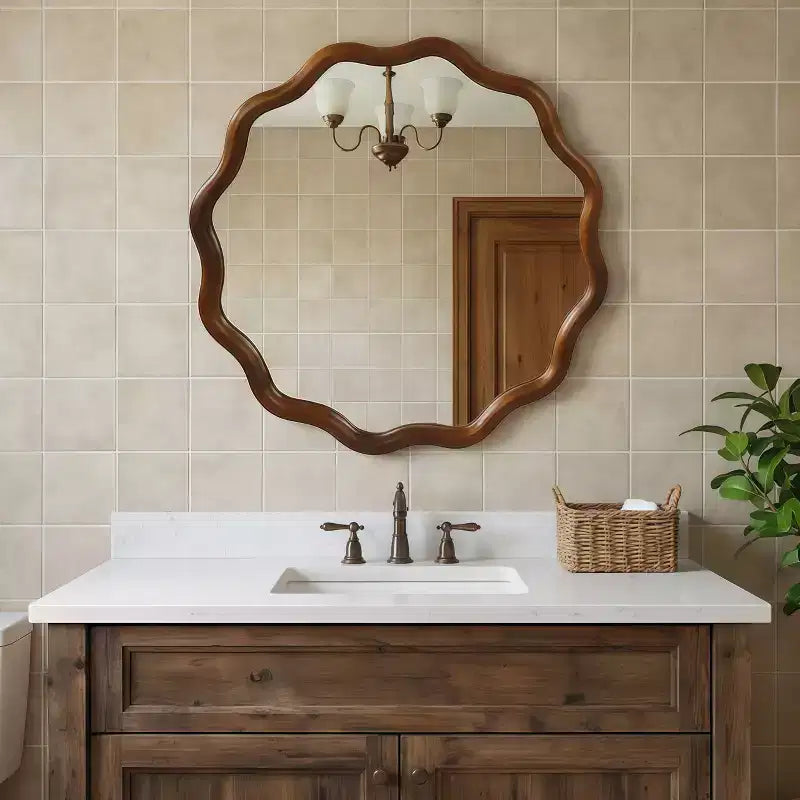 Specchio Decorativo Rotondo Ondulato da 24 Pollici con Cornice in Legno Massello, Per Camera da Letto, Bagno, Soggiorno, Ingresso
