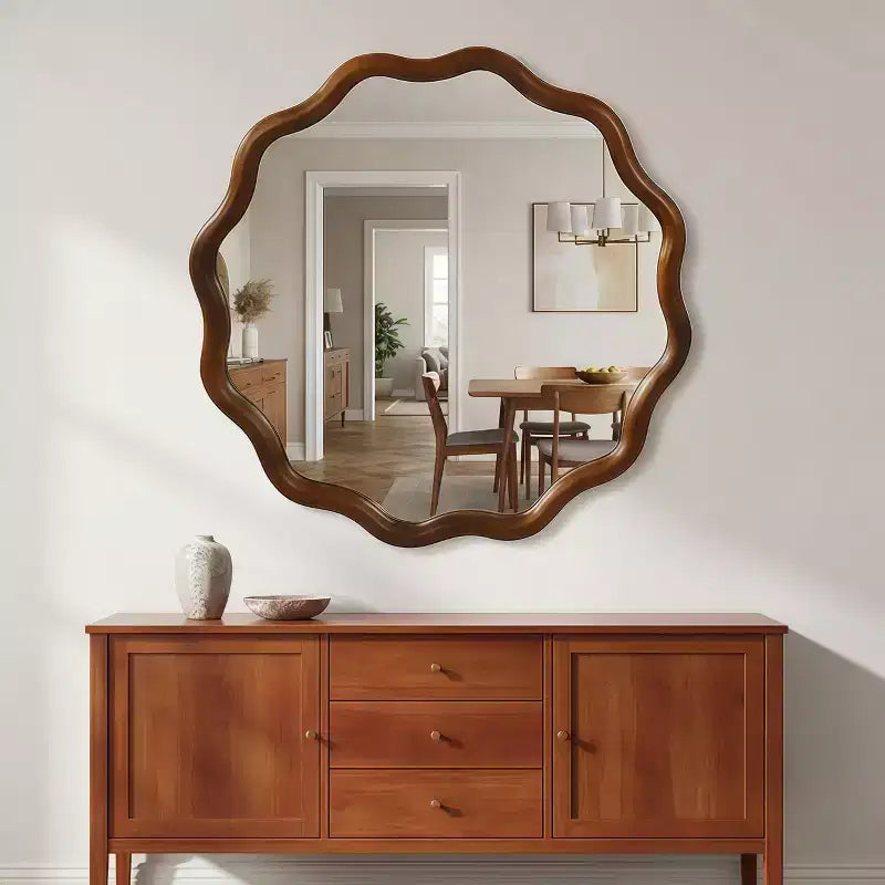 Specchio Decorativo Rotondo Ondulato da 24 Pollici con Cornice in Legno Massello, Per Camera da Letto, Bagno, Soggiorno, Ingresso