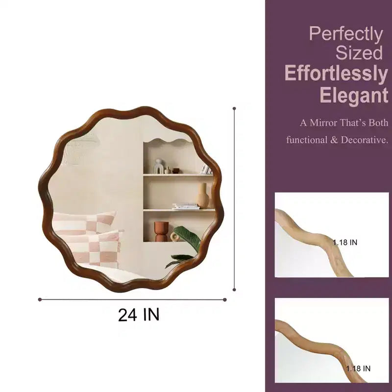 Specchio Decorativo Rotondo Ondulato da 24 Pollici con Cornice in Legno Massello, Per Camera da Letto, Bagno, Soggiorno, Ingresso