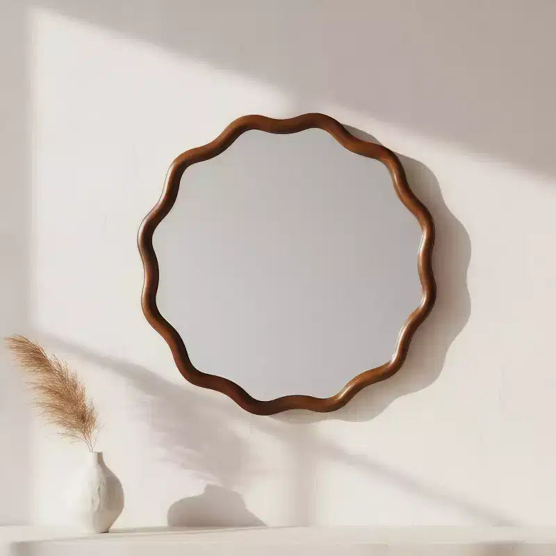 Specchio Decorativo Rotondo Ondulato da 24 Pollici con Cornice in Legno Massello, Per Camera da Letto, Bagno, Soggiorno, Ingresso