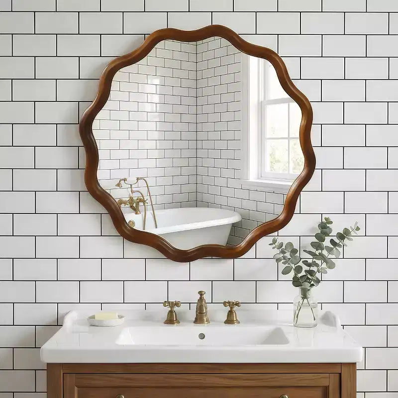 Specchio Decorativo Rotondo Ondulato da 24 Pollici con Cornice in Legno Massello, Per Camera da Letto, Bagno, Soggiorno, Ingresso