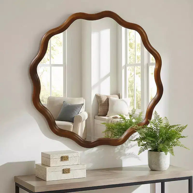 Specchio Decorativo Rotondo Ondulato da 24 Pollici con Cornice in Legno Massello, Per Camera da Letto, Bagno, Soggiorno, Ingresso