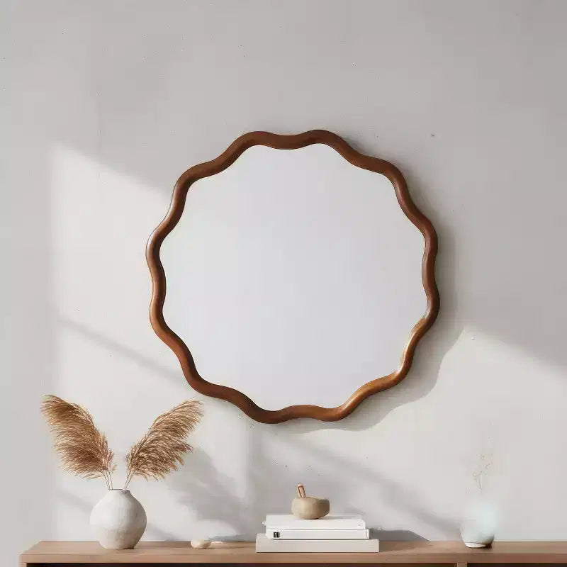 Specchio Decorativo Rotondo Ondulato da 24 Pollici con Cornice in Legno Massello, Per Camera da Letto, Bagno, Soggiorno, Ingresso