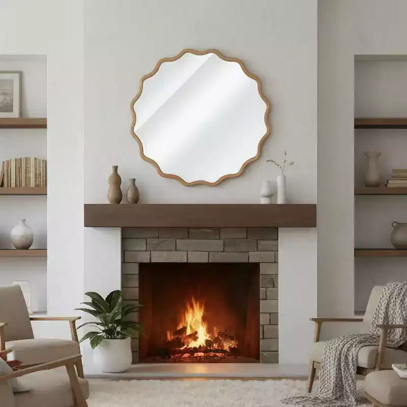 Specchio Decorativo Rotondo Ondulato da 24 Pollici con Cornice in Legno Massello, Per Camera da Letto, Bagno, Soggiorno, Ingresso