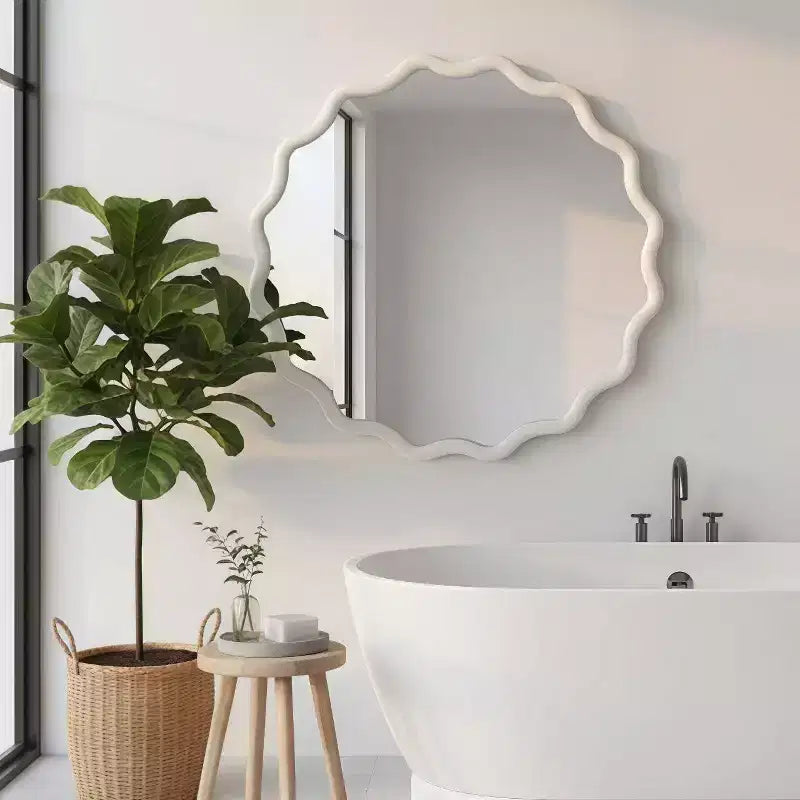Specchio Decorativo Rotondo Ondulato da 24 Pollici con Cornice in Legno Massello, Per Camera da Letto, Bagno, Soggiorno, Ingresso