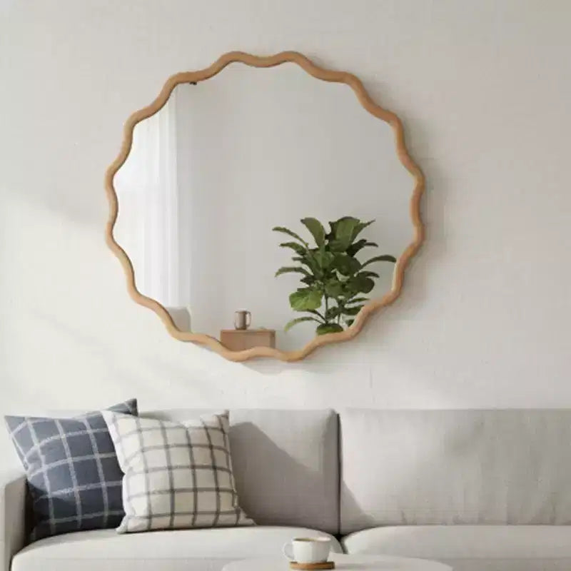 Specchio Decorativo Rotondo Ondulato da 24 Pollici con Cornice in Legno Massello, Per Camera da Letto, Bagno, Soggiorno, Ingresso