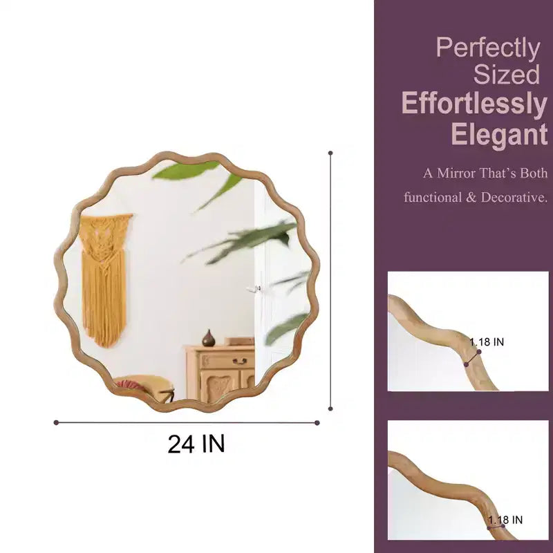 Specchio Decorativo Rotondo Ondulato da 24 Pollici con Cornice in Legno Massello, Per Camera da Letto, Bagno, Soggiorno, Ingresso