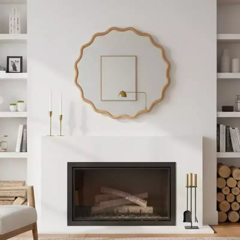 Specchio Decorativo Rotondo Ondulato da 24 Pollici con Cornice in Legno Massello, Per Camera da Letto, Bagno, Soggiorno, Ingresso