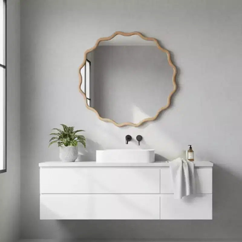 Specchio Decorativo Rotondo Ondulato da 24 Pollici con Cornice in Legno Massello, Per Camera da Letto, Bagno, Soggiorno, Ingresso