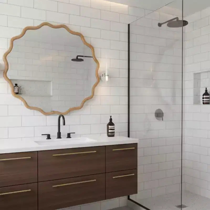 Specchio Decorativo Rotondo Ondulato da 24 Pollici con Cornice in Legno Massello, Per Camera da Letto, Bagno, Soggiorno, Ingresso