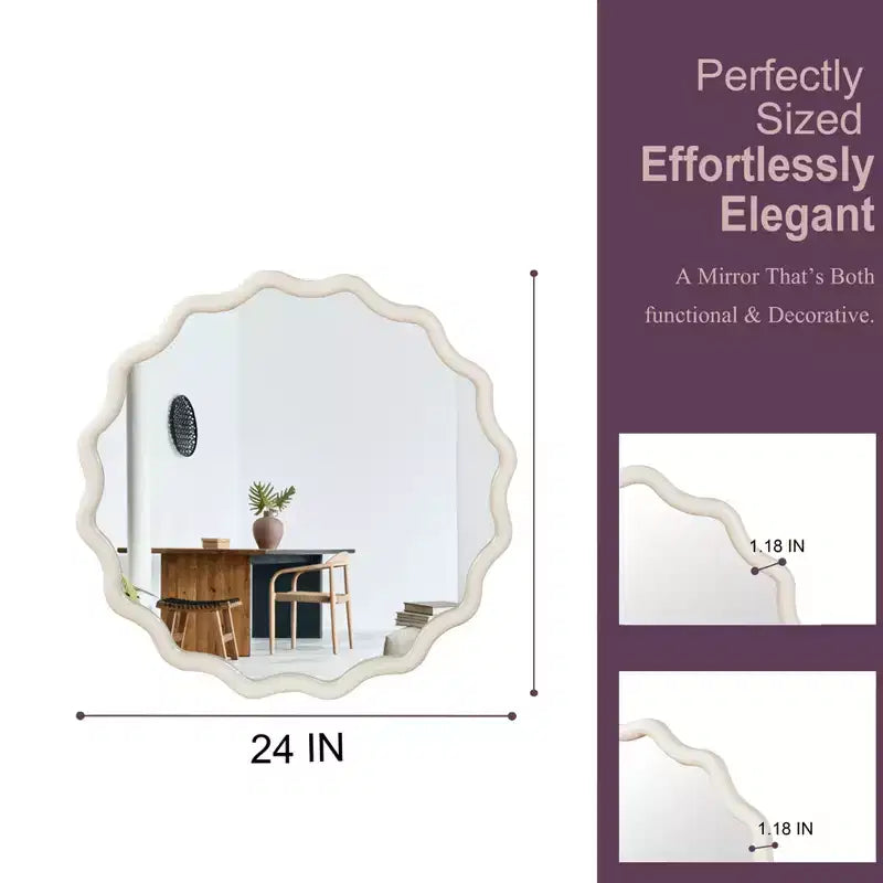 Specchio Decorativo Rotondo Ondulato da 24 Pollici con Cornice in Legno Massello, Per Camera da Letto, Bagno, Soggiorno, Ingresso