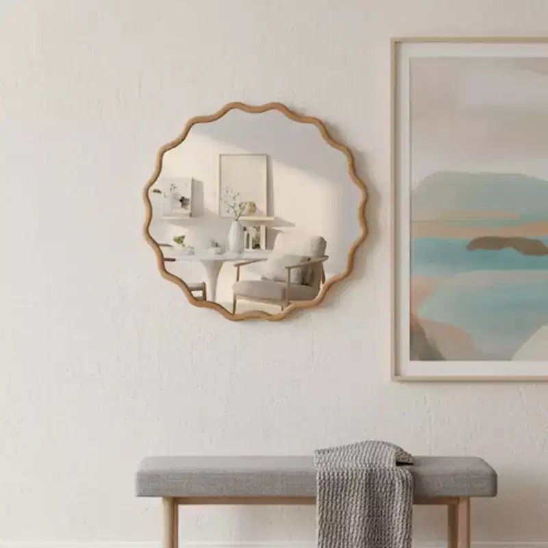 Specchio Decorativo Rotondo Ondulato da 24 Pollici con Cornice in Legno Massello, Per Camera da Letto, Bagno, Soggiorno, Ingresso