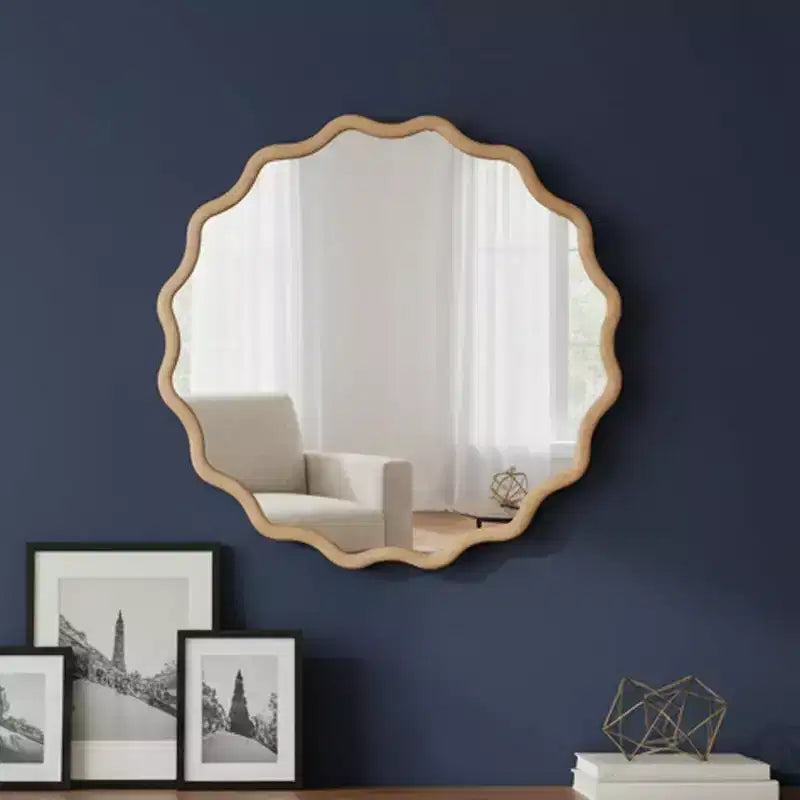 Specchio Decorativo Rotondo Ondulato da 24 Pollici con Cornice in Legno Massello, Per Camera da Letto, Bagno, Soggiorno, Ingresso