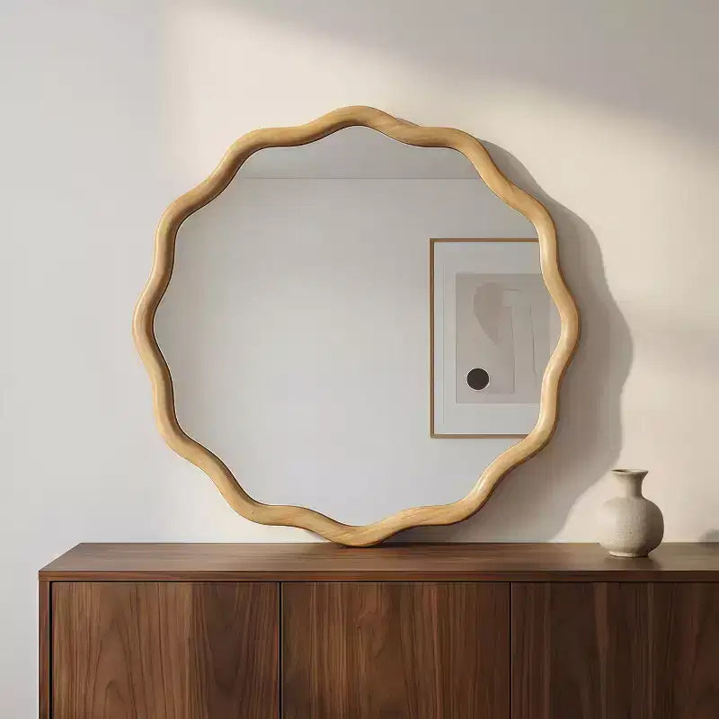 Specchio Decorativo Rotondo Ondulato da 24 Pollici con Cornice in Legno Massello, Per Camera da Letto, Bagno, Soggiorno, Ingresso