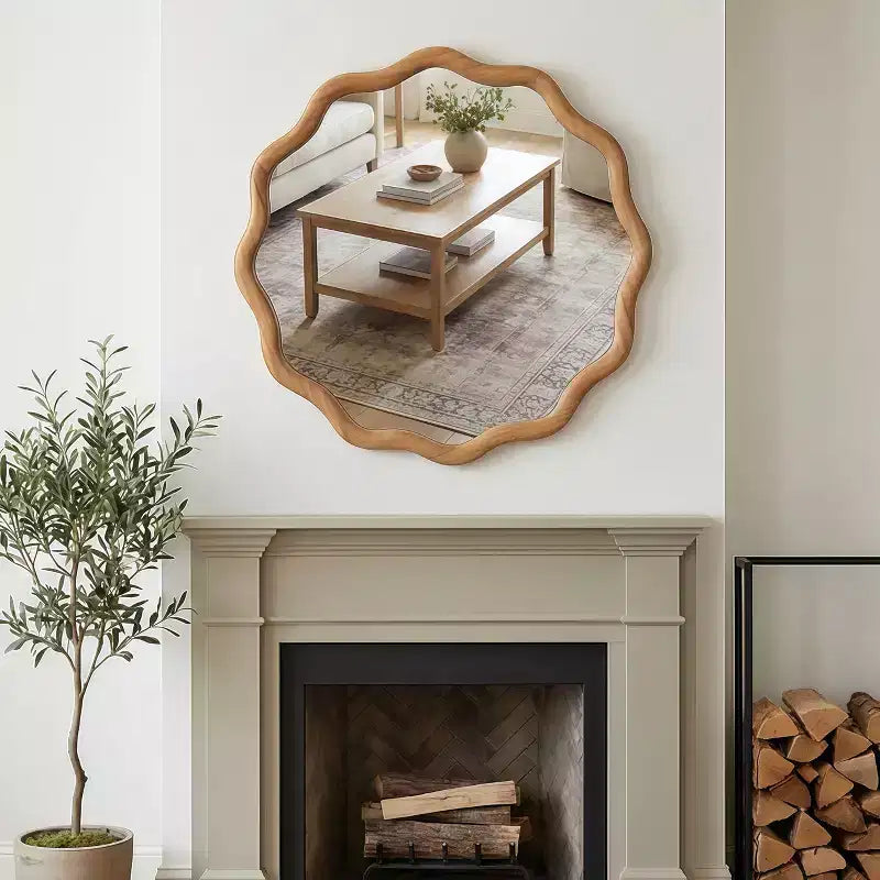 Specchio Decorativo Rotondo Ondulato da 24 Pollici con Cornice in Legno Massello, Per Camera da Letto, Bagno, Soggiorno, Ingresso