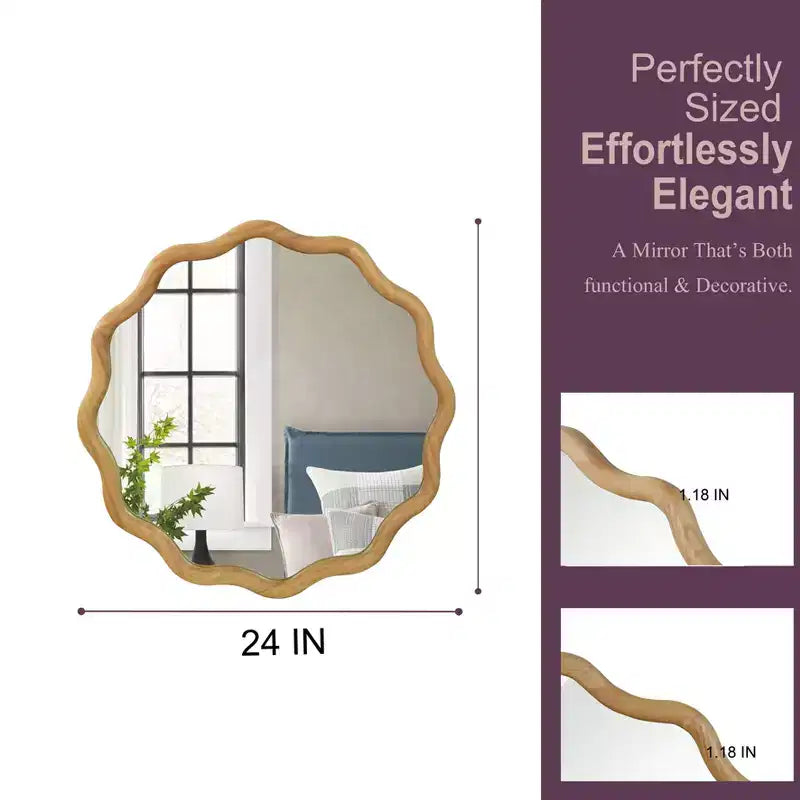 Specchio Decorativo Rotondo Ondulato da 24 Pollici con Cornice in Legno Massello, Per Camera da Letto, Bagno, Soggiorno, Ingresso