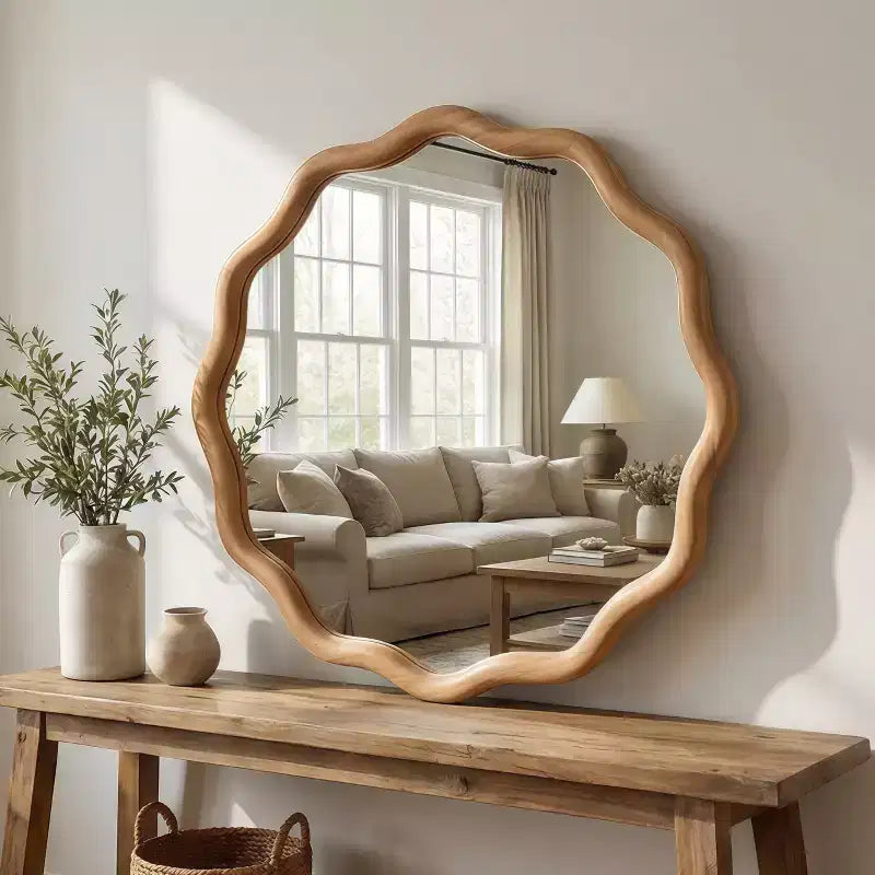 Specchio Decorativo Rotondo Ondulato da 24 Pollici con Cornice in Legno Massello, Per Camera da Letto, Bagno, Soggiorno, Ingresso