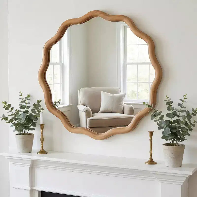 Specchio Decorativo Rotondo Ondulato da 24 Pollici con Cornice in Legno Massello, Per Camera da Letto, Bagno, Soggiorno, Ingresso