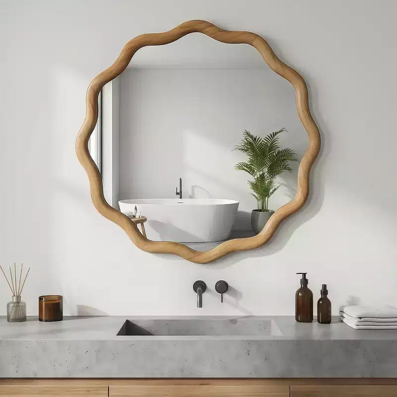 Specchio Decorativo Rotondo Ondulato da 24 Pollici con Cornice in Legno Massello, Per Camera da Letto, Bagno, Soggiorno, Ingresso
