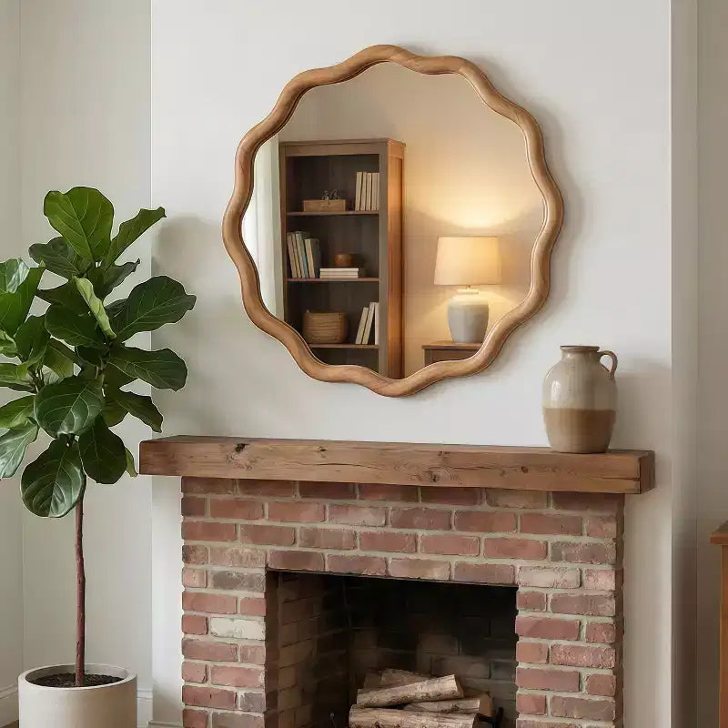 Specchio Decorativo Rotondo Ondulato da 24 Pollici con Cornice in Legno Massello, Per Camera da Letto, Bagno, Soggiorno, Ingresso