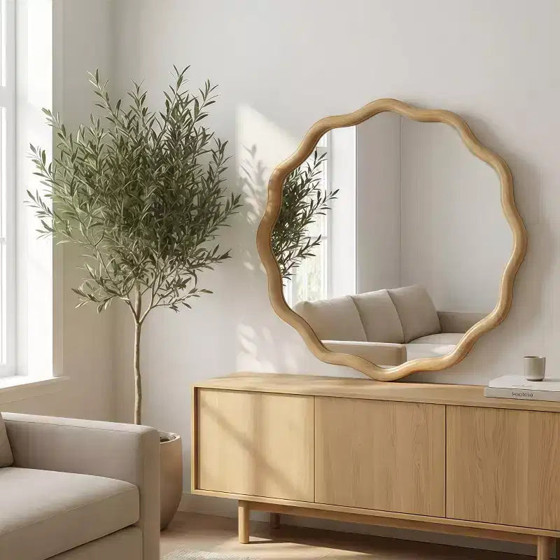 Specchio Decorativo Rotondo Ondulato da 24 Pollici con Cornice in Legno Massello, Per Camera da Letto, Bagno, Soggiorno, Ingresso