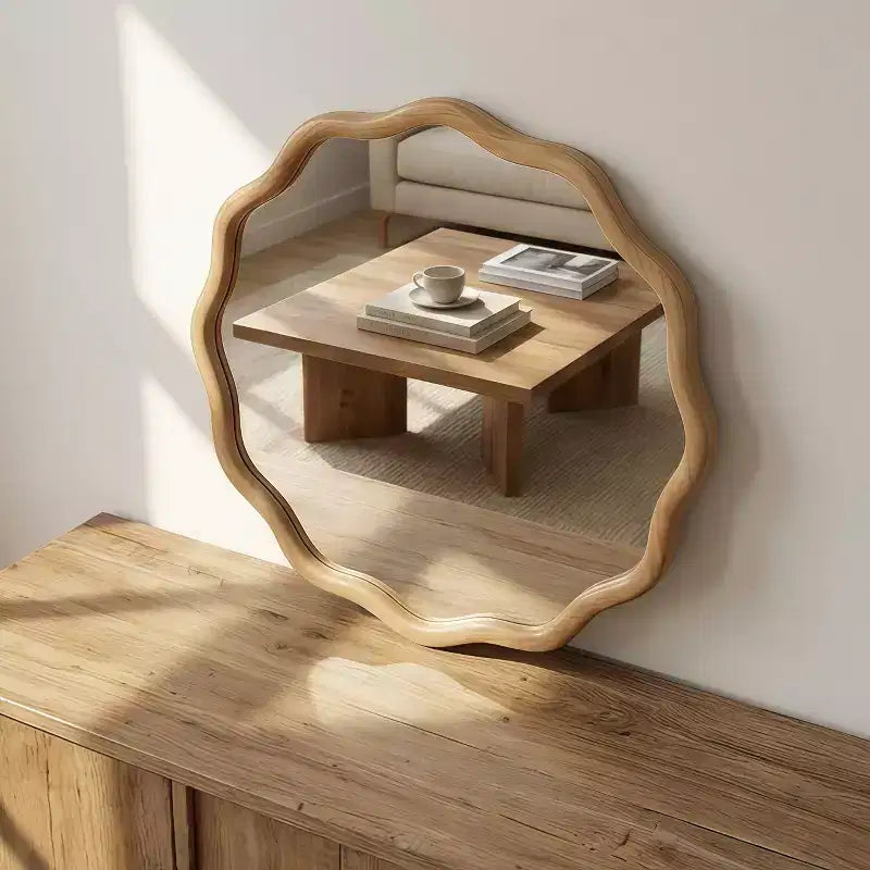Specchio Decorativo Rotondo Ondulato da 24 Pollici con Cornice in Legno Massello, Per Camera da Letto, Bagno, Soggiorno, Ingresso