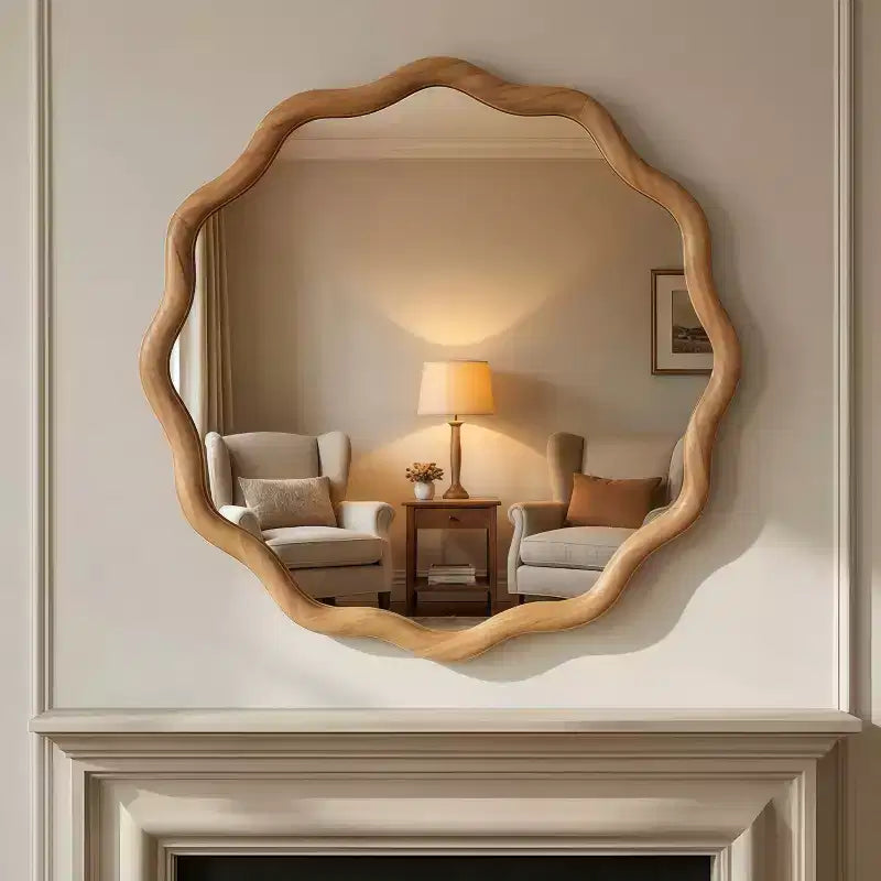 Specchio Decorativo Rotondo Ondulato da 24 Pollici con Cornice in Legno Massello, Per Camera da Letto, Bagno, Soggiorno, Ingresso