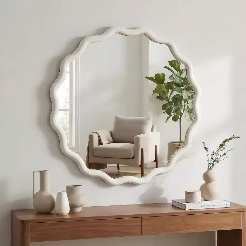 Specchio Decorativo Rotondo Ondulato da 24 Pollici con Cornice in Legno Massello, Per Camera da Letto, Bagno, Soggiorno, Ingresso