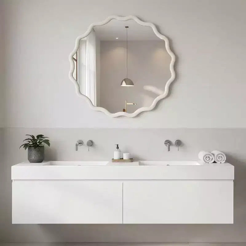 Specchio Decorativo Rotondo Ondulato da 24 Pollici con Cornice in Legno Massello, Per Camera da Letto, Bagno, Soggiorno, Ingresso