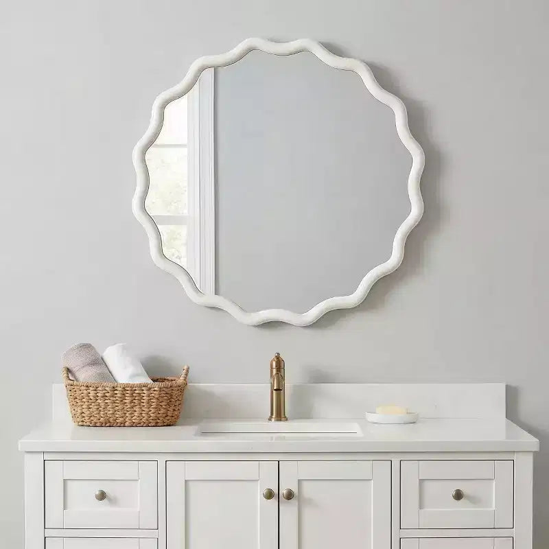 Specchio Decorativo Rotondo Ondulato da 24 Pollici con Cornice in Legno Massello, Per Camera da Letto, Bagno, Soggiorno, Ingresso