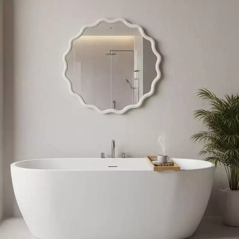 Specchio Decorativo Rotondo Ondulato da 24 Pollici con Cornice in Legno Massello, Per Camera da Letto, Bagno, Soggiorno, Ingresso