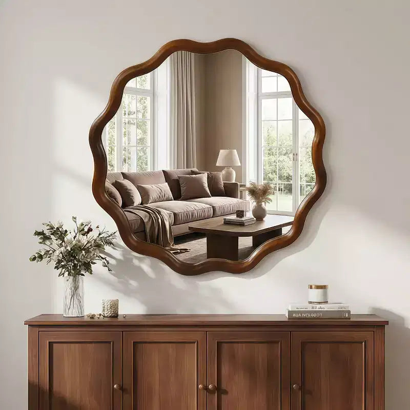 Specchio Decorativo Rotondo Ondulato da 24 Pollici con Cornice in Legno Massello, Per Camera da Letto, Bagno, Soggiorno, Ingresso