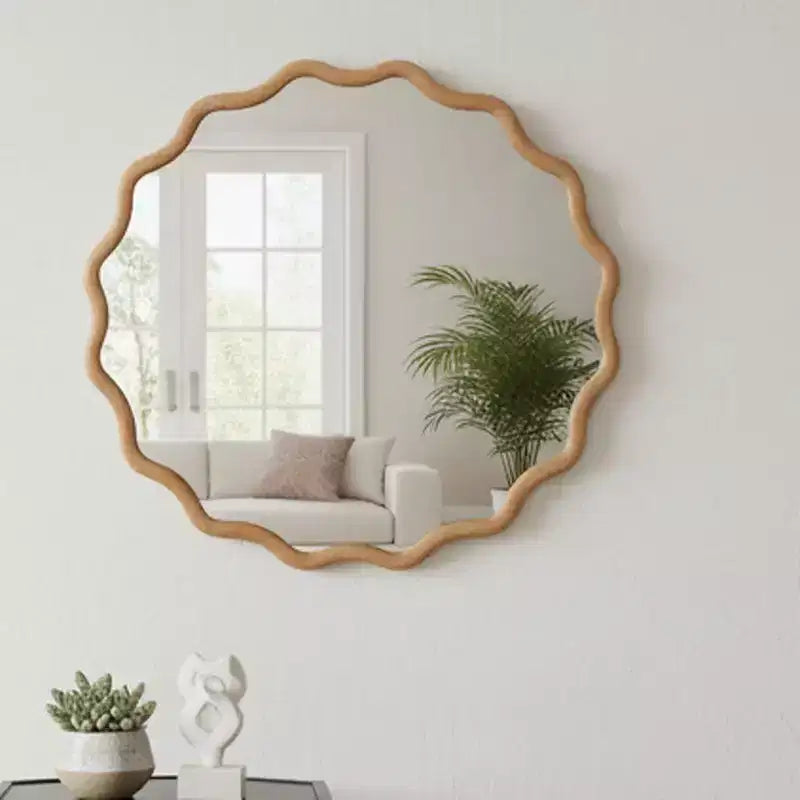 Specchio Decorativo Rotondo Ondulato da 24 Pollici con Cornice in Legno Massello, Per Camera da Letto, Bagno, Soggiorno, Ingresso