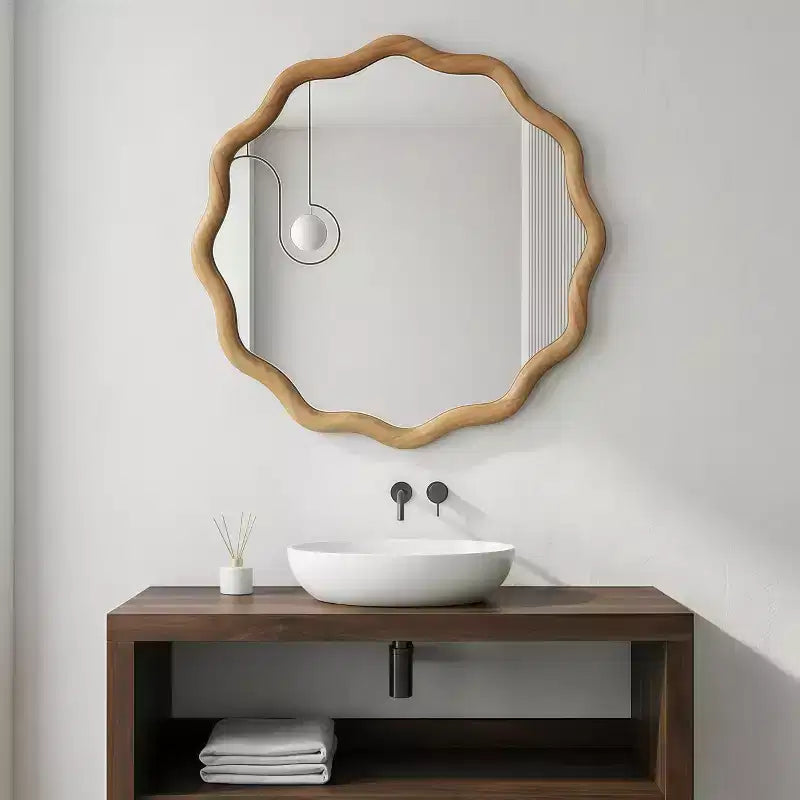 Specchio Decorativo Rotondo Ondulato da 24 Pollici con Cornice in Legno Massello, Per Camera da Letto, Bagno, Soggiorno, Ingresso