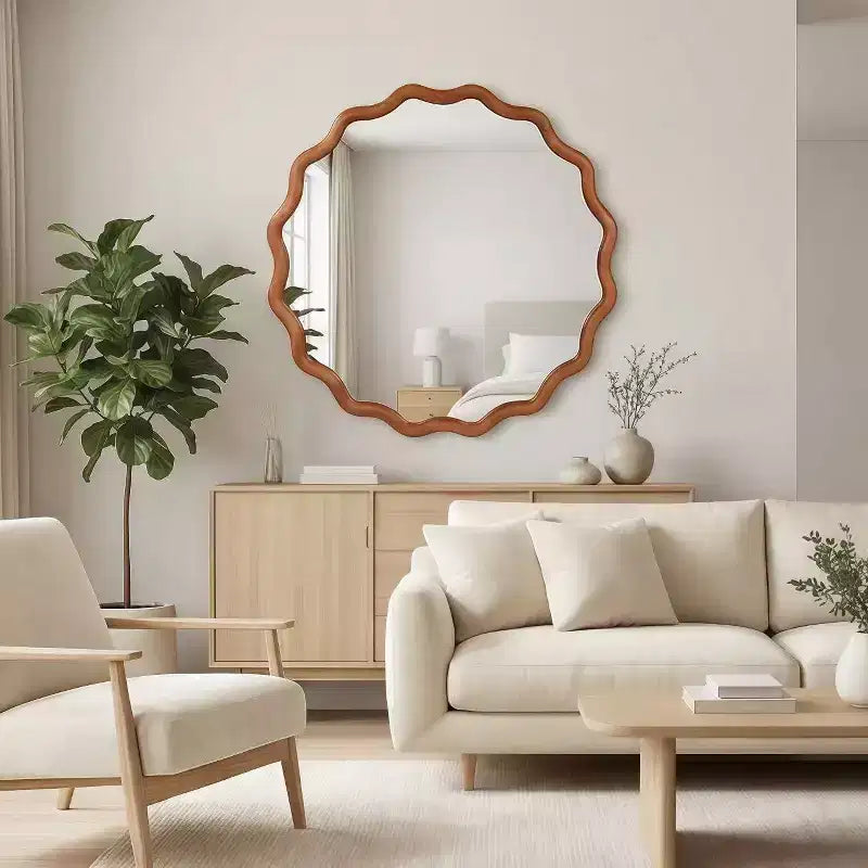 Specchio Decorativo Rotondo Ondulato da 24 Pollici con Cornice in Legno Massello, Per Camera da Letto, Bagno, Soggiorno, Ingresso