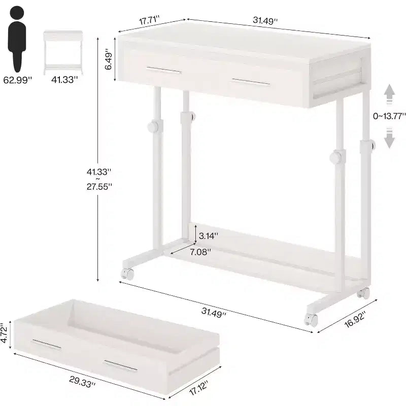 Lantine Scrivania Portatile con Cassetti, Scrivania Mobile per Laptop con Ruote, Tavolino da Divano Scrivanie da Letto, Piccola Scrivania Regolabile per Ufficio Domestico (Bianco)