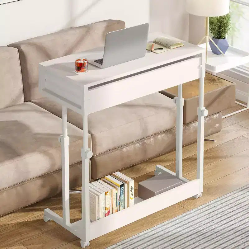 Lantine Scrivania Portatile con Cassetti, Scrivania Mobile per Laptop con Ruote, Tavolino da Divano Scrivanie da Letto, Piccola Scrivania Regolabile per Ufficio Domestico (Bianco)