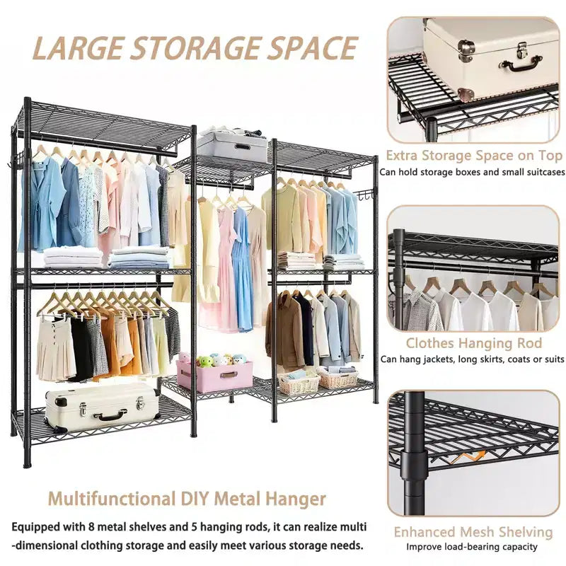 Appendiabiti da terra resistente - Scaffalature a filo regolabili a 6 ripiani, 3 binari appendiabiti, organizer per armadio portatile in metallo (nero)