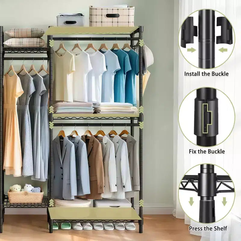 Appendiabiti da terra resistente - Scaffalature a filo regolabili a 6 ripiani, 3 binari appendiabiti, organizer per armadio portatile in metallo (nero)